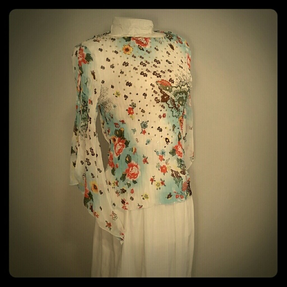 Kaelyn-Max Tops - Sheer Beaded Blue Boho Blouse NWOT