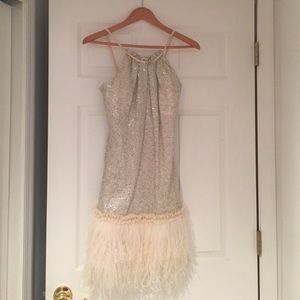 Badgley Mischka feathered cocktail dress