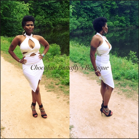 White Lace Mock Neck Halter Dress