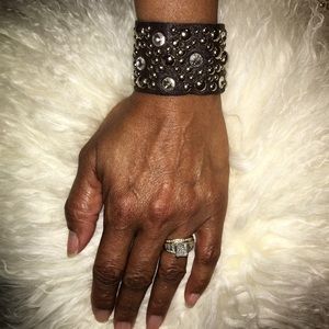 Dome Stud & Crystal Encrusted Leather Bracelet