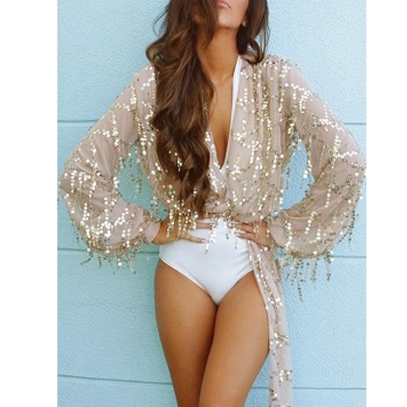 Gold Sequin V-neck Tie Front Crop Blouse