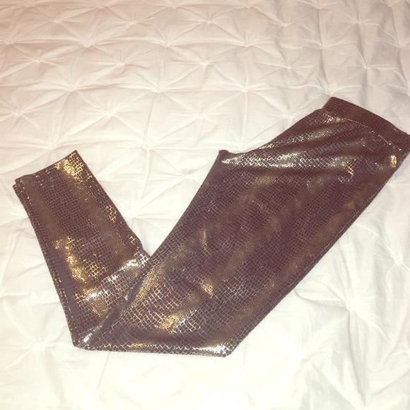 Metallic snakeskin leggings
