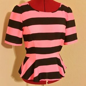 Gianni Bini Navy/pink striped peplum blouse