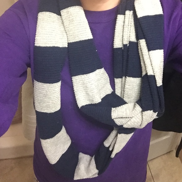 Blue and gray striped infinity scarf