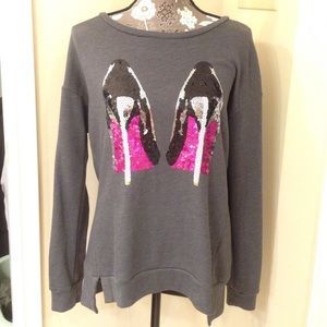 Grey sweater with black & pink sequence high heels