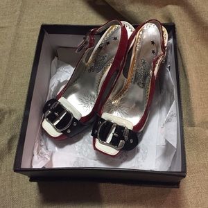 Red, white and black sling backs