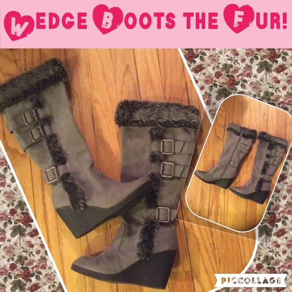 Wedge fur boots like new!
