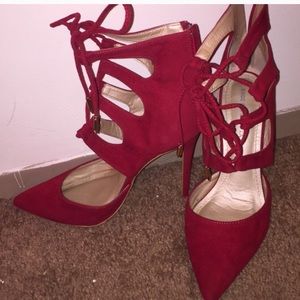 Darling 👠❤ RED Suede Heels! Criss cross straps.