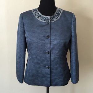 Blue Kasper blazer with beaded collar detail