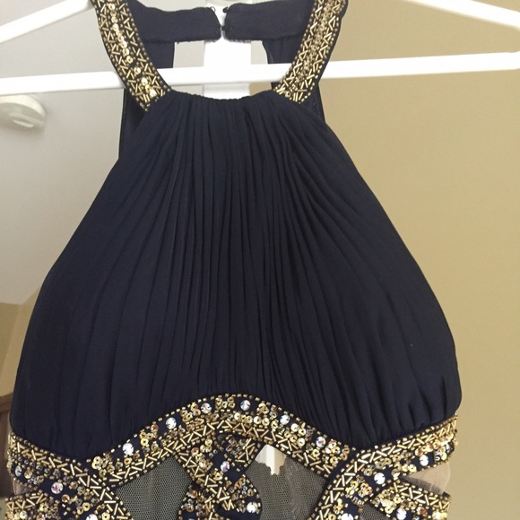 Navy blue with gold sequence prom dress