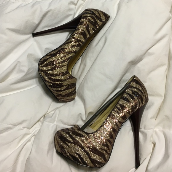 Brown and gold zebra sequin heels
