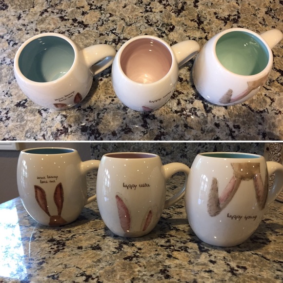 3 Rae Dunn Easter mugs.