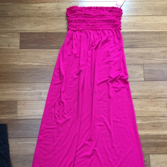 Magenta pink strapless maxi dress.