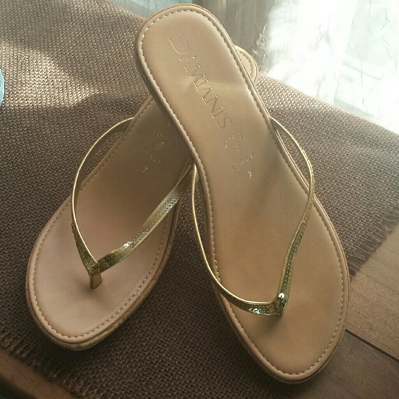 Gold wedge sequin flip flops