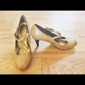 Old-school camel/tan colored Mary-Jane style heels