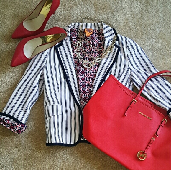 Tory Burch White and Navy Striped Blazer