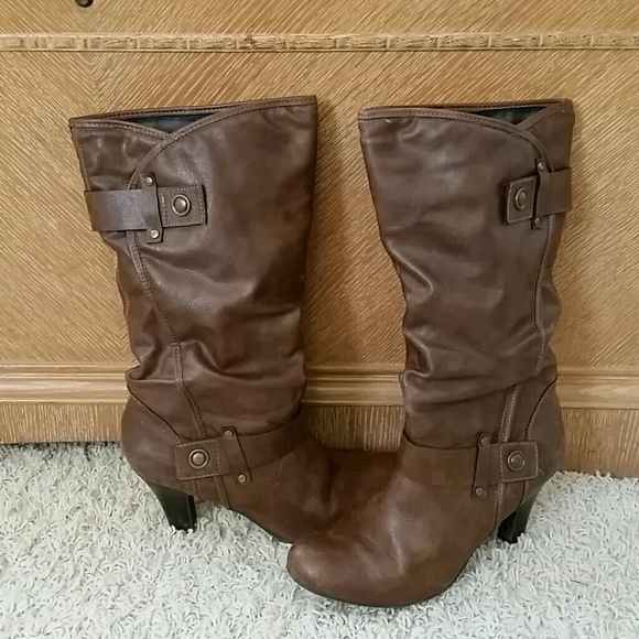 Brown high heeled boots
