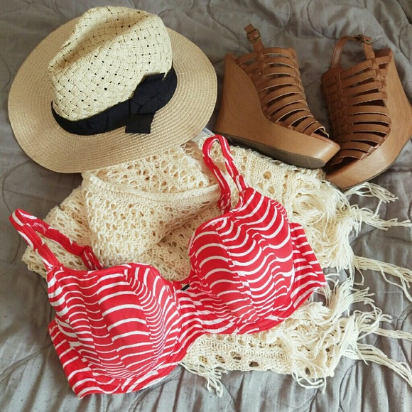 New Red & White Stripe Freya Bikini Top. 38DD