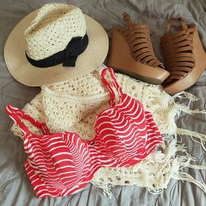 New Red & White Stripe Freya Bikini Top. 38DD