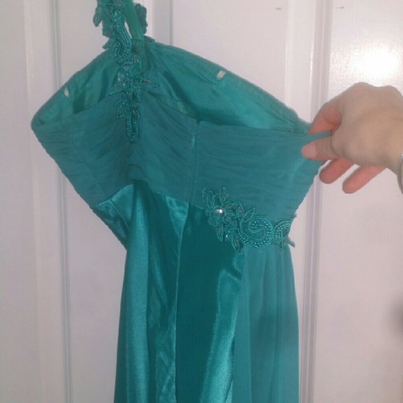 Beaded one shoulder long prom dress with side sash - Picture 3 of 4