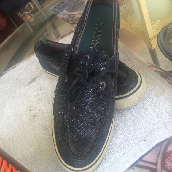 Sparkly black sperrys size 7!