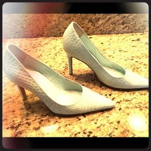 Colin Stuart sky blue faux snake skin heels.