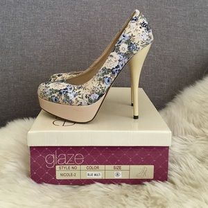 Nude Blue Floral High Heel Pumps