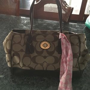 Coach brown bag with pink coach scarf attached