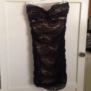 Nude and black lace mini dress