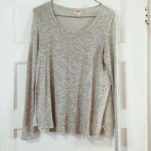 grey sweater with white lace