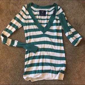 AEO long sleeve top striped teal and white