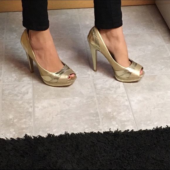 Bakers Gold Metallic Heels with Snake Print Design