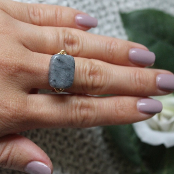 Marble Rectangle Gemstone Wire Wrapped Ring (J6) - Picture 2 of 3