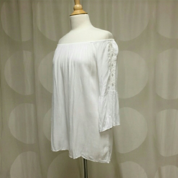 White Off Shoulder 3/4 Lace Bell Sleeve Tunic/Dres - Picture 4 of 5