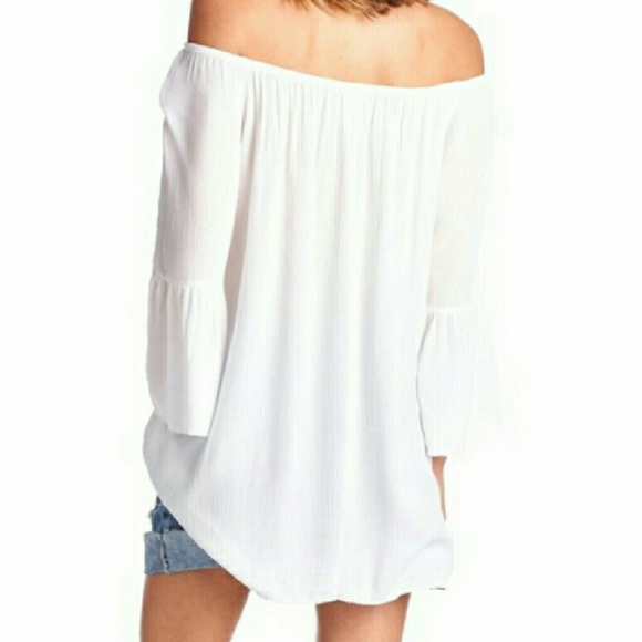 White Off Shoulder 3/4 Lace Bell Sleeve Tunic/Dres - Picture 3 of 5