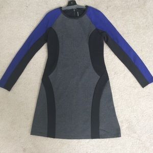 Cobalt blue, black, and grey color-blocked dress