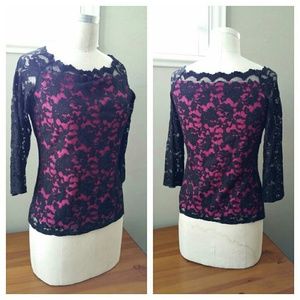 Boston Proper Black Lace with Pink Layer Top Boston Proper Black Lace with Pink Layer Top