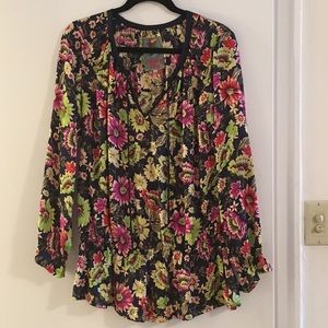 🌶 Johnny Was Navy & Neon Floral Silk Tunic