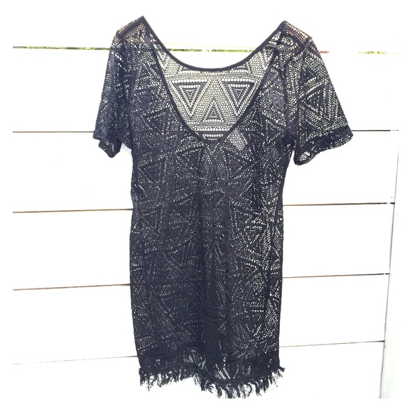 Black crochet beach cover up dress with fringe!