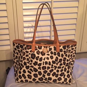 Tory Burch leather leopard print tote.