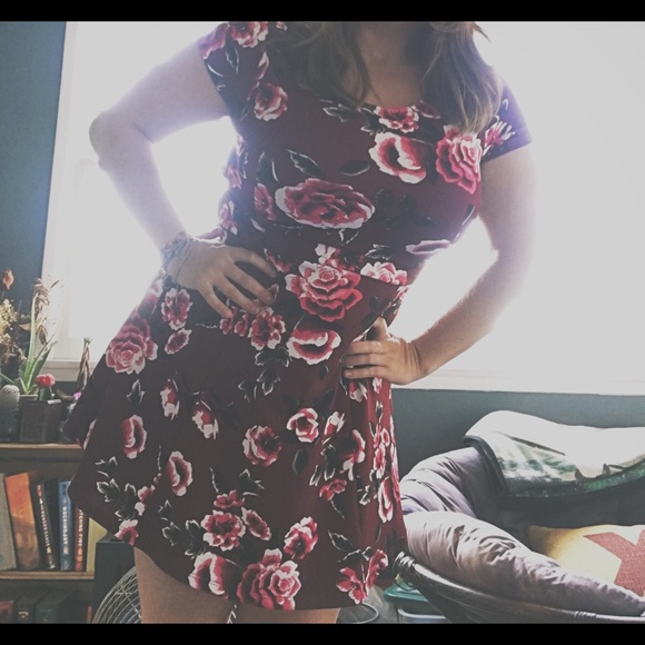 Divided floral maroon mini skater dress