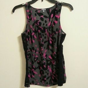 Pink/black leopard on dark gray w/ lace blouse