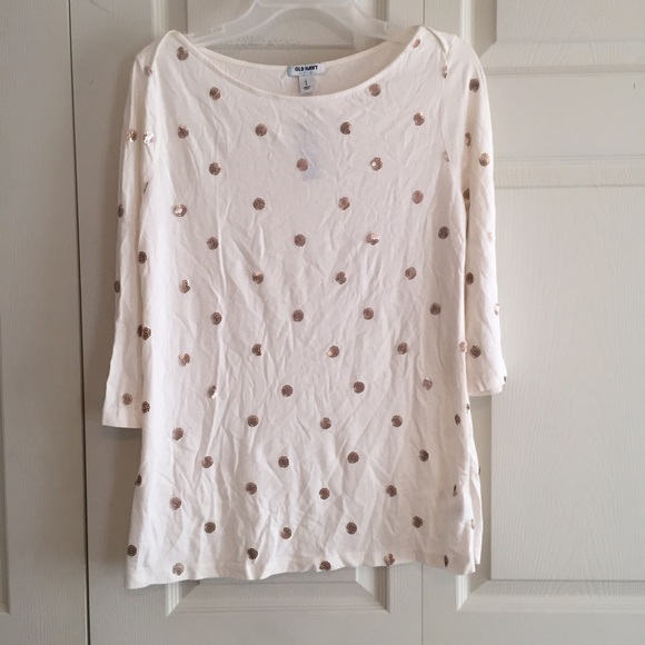 Cream Long Sleeve Tee, Gold Sparkle Polka Dots