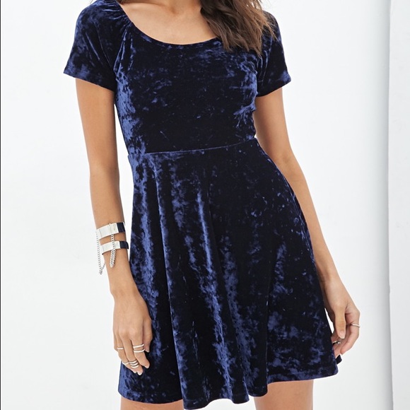 F21 Navy Crushed Velvet Open Back Skater Dress