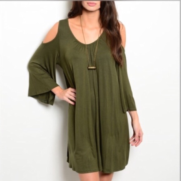 Dresses & Skirts - OLIVE KNIT COLD SHOULDER DRESS