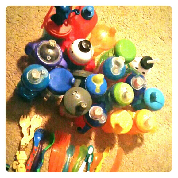 Sippy cups and plastic spoon and forks