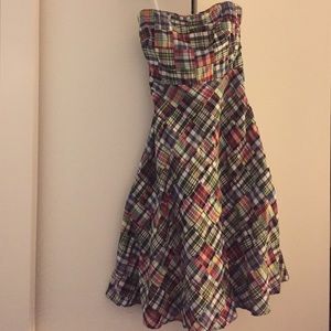 J Crew Tea Length Plaid Strapless Dress