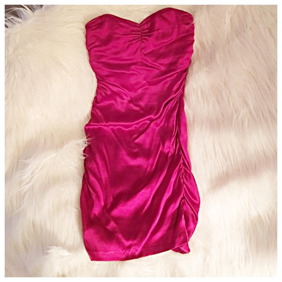 Red silk strapless dress
