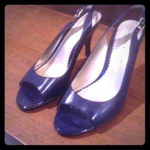 Blue peep toe sling back heels