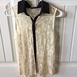 Sheer off white tank with black collar